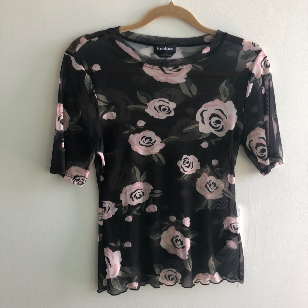 BEBE Floral Mesh Top | Black